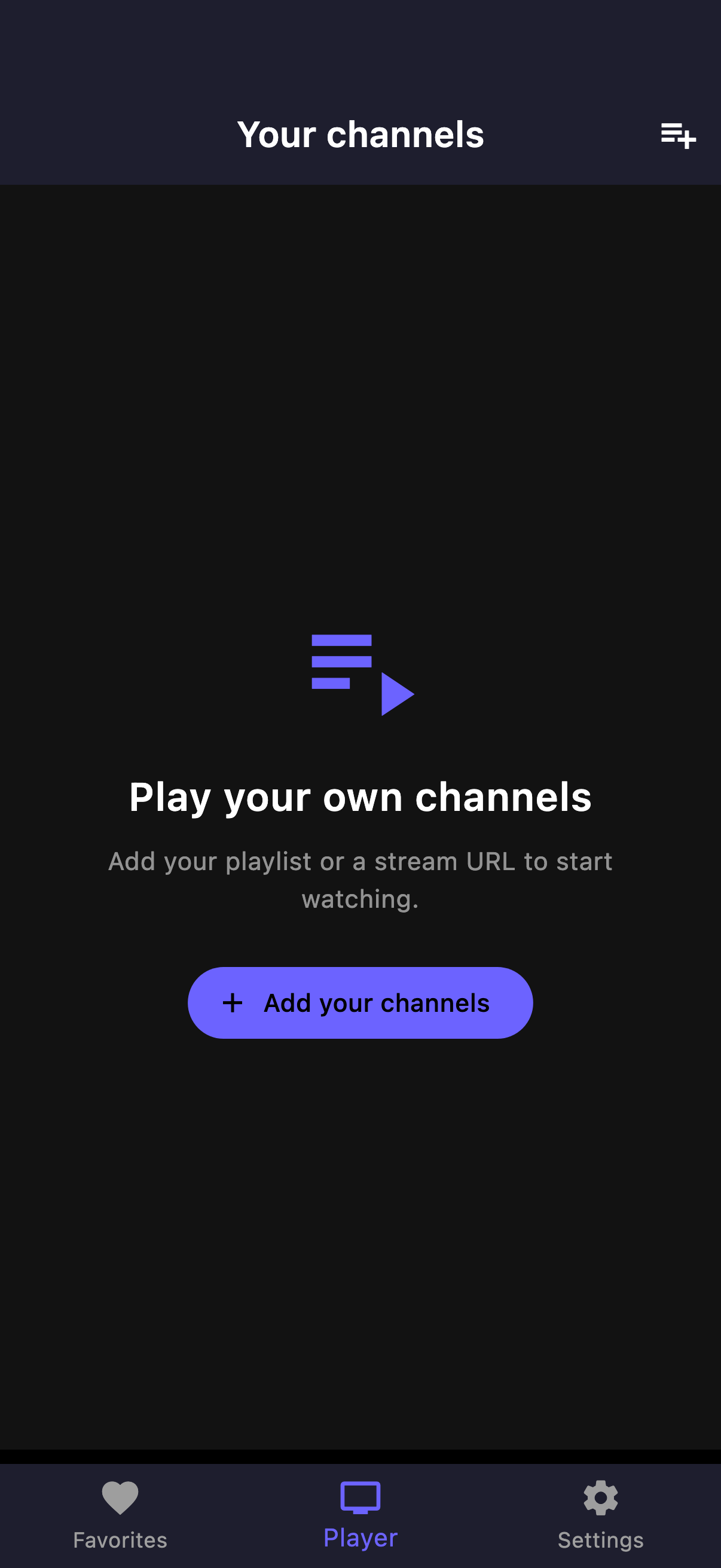 WorldStream TV playlist library showing Add Your Channels, with Home, Favorites and Settings navigation
